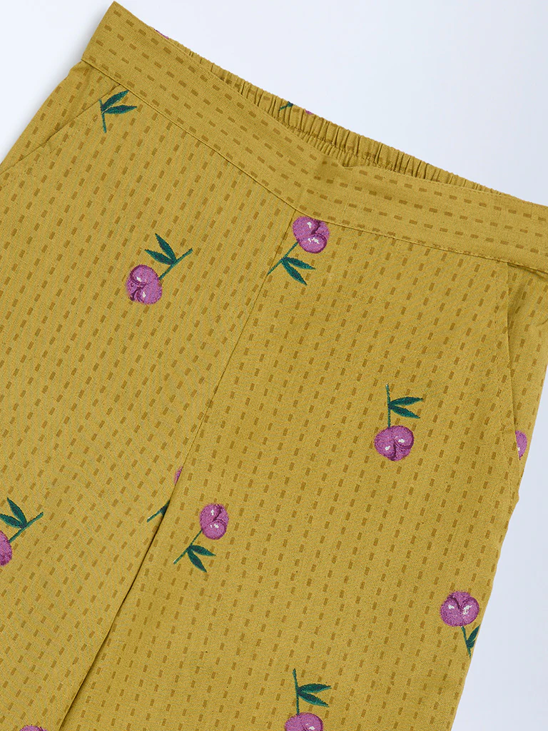 Utsa Kids Girls Mustard Floral Cotton-Blend Pants - (8-14 yrs) - Image 3