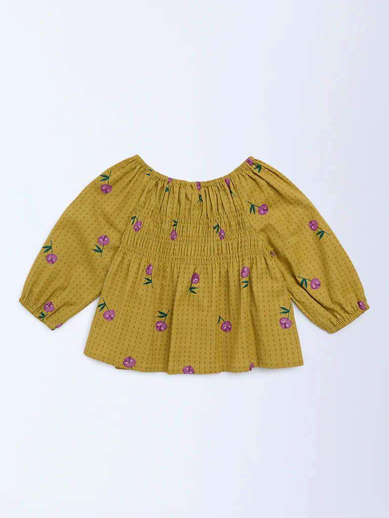 Utsa Kids Girls Mustard Floral Cotton-Blend Top - (2-8 yrs) - Image 2