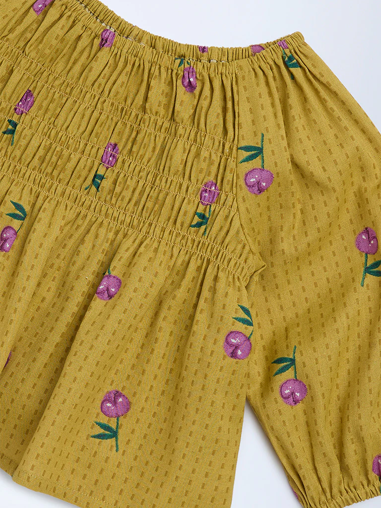 Utsa Kids Girls Mustard Floral Cotton-Blend Top - (2-8 yrs) - Image 3