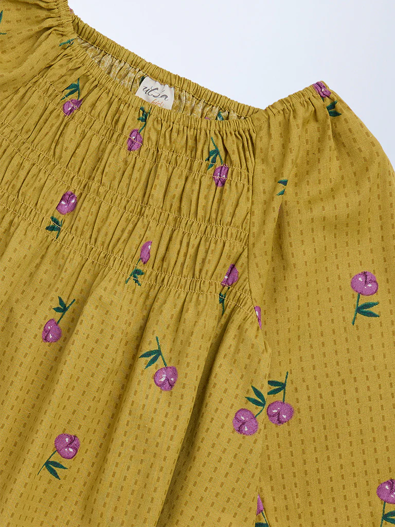 Utsa Kids Girls Mustard Floral Cotton-Blend Top - (8-14 yrs) - Image 3