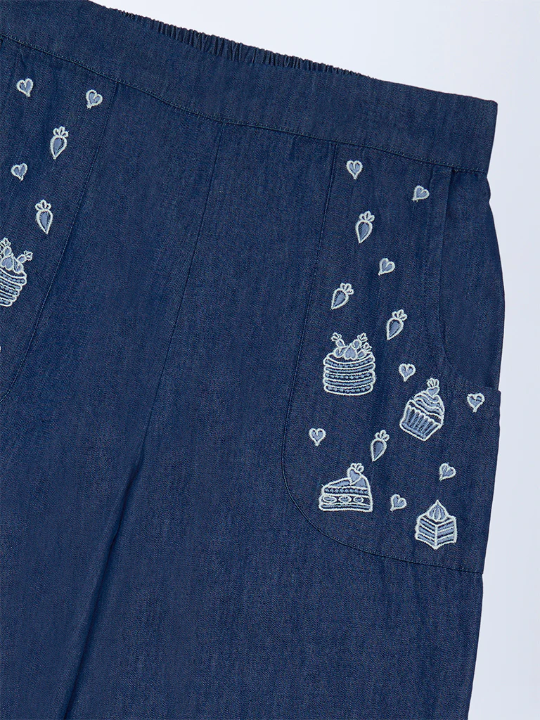 Utsa Kids Girls Navy Embroidered Denim Pants - (8-14 yrs) - Image 3
