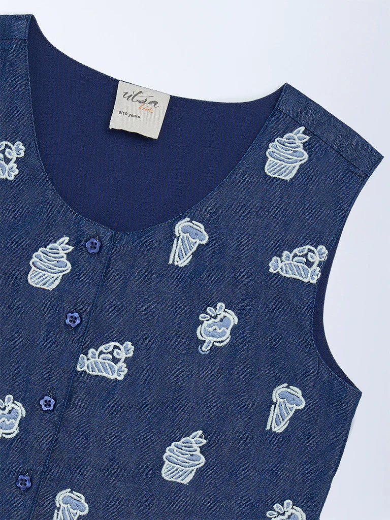 Utsa Kids Girls Navy Embroidered Denim Waistcoat - (8-14 yrs) - Image 3