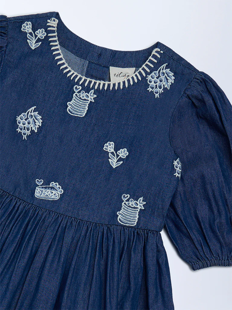 Utsa Kids Girls Navy Embroidered Fit-and-Flare Denim Dress - (2-8 yrs) - Image 3