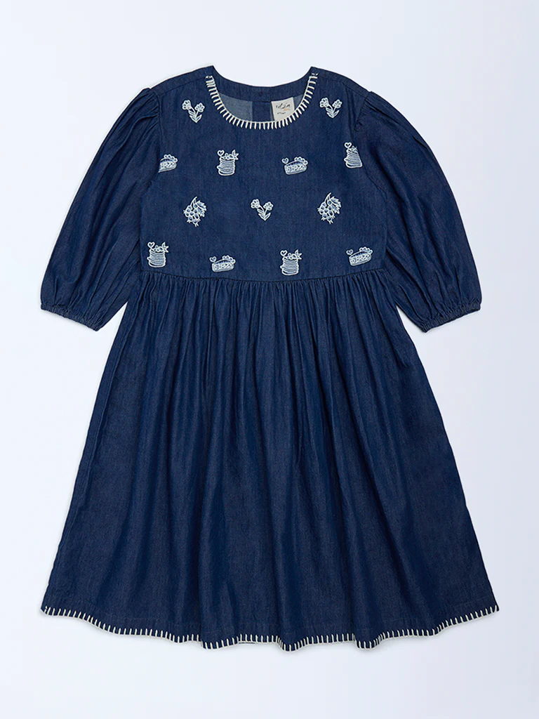 Utsa Kids Girls Navy Embroidered Fit-and-Flare Denim Dress - (8-14 yrs)