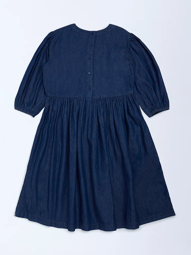 Utsa Kids Girls Navy Embroidered Fit-and-Flare Denim Dress - (8-14 yrs) - Image 2