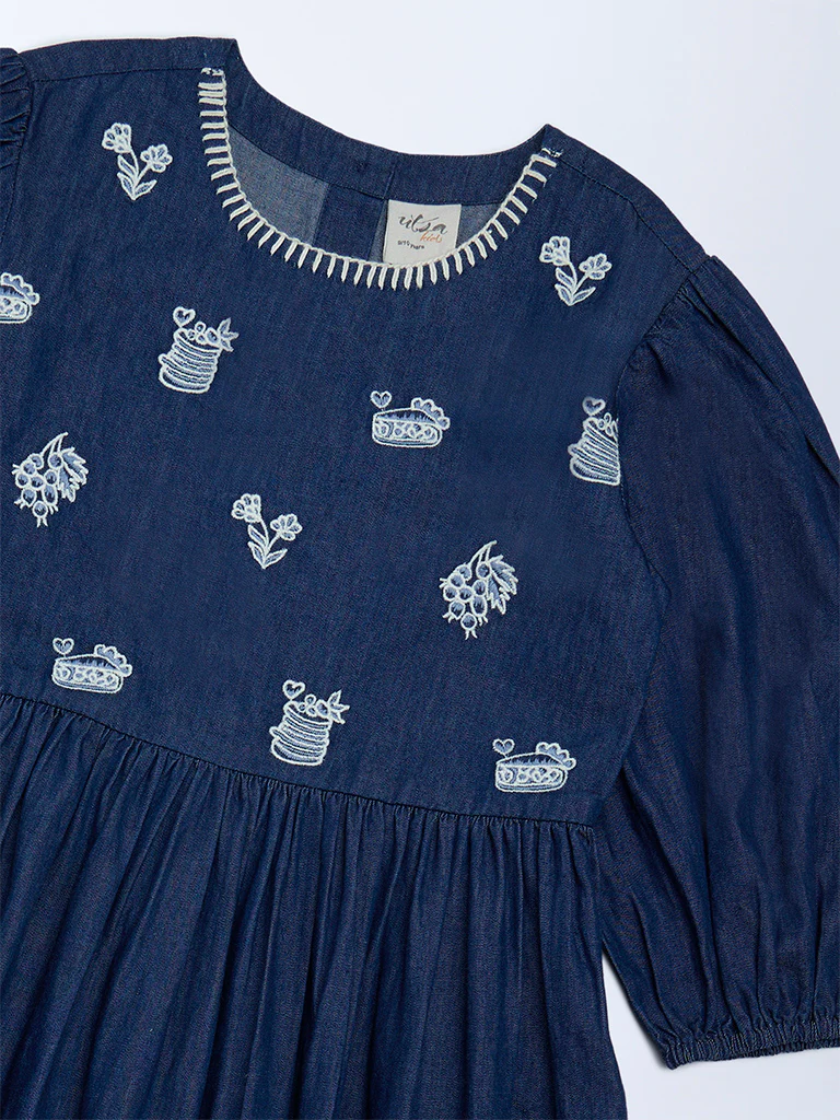 Utsa Kids Girls Navy Embroidered Fit-and-Flare Denim Dress - (8-14 yrs) - Image 3