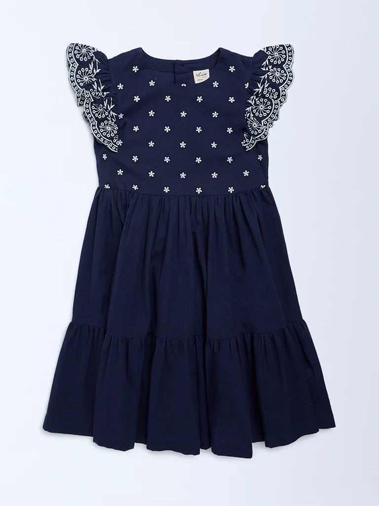 Utsa Kids Girls Navy Floral Embroidered A-Line Cotton-Blend Dress - (8-14 yrs)