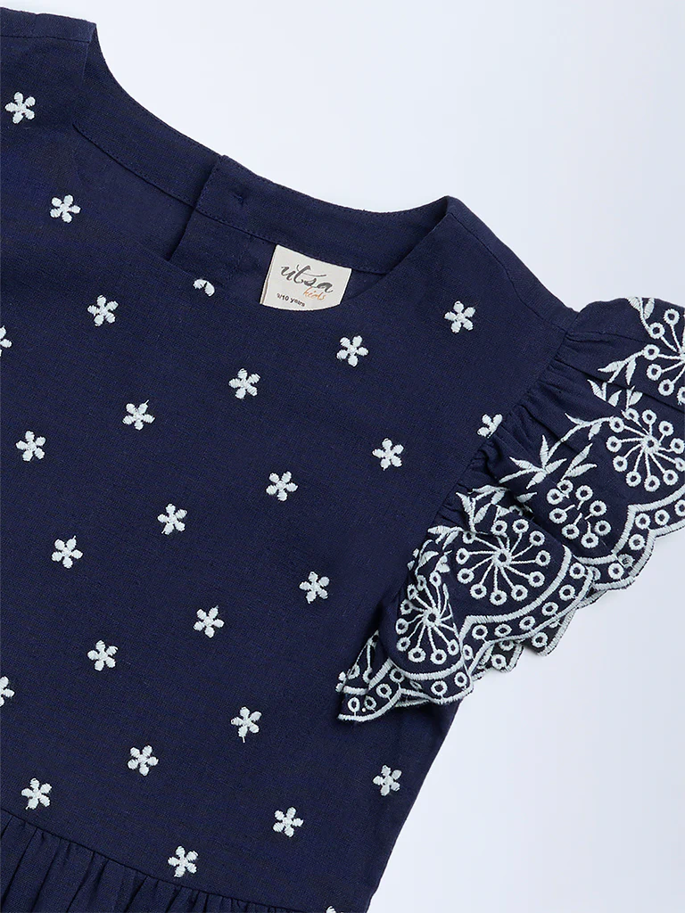 Utsa Kids Girls Navy Floral Embroidered A-Line Cotton-Blend Dress - (8-14 yrs) - Image 3