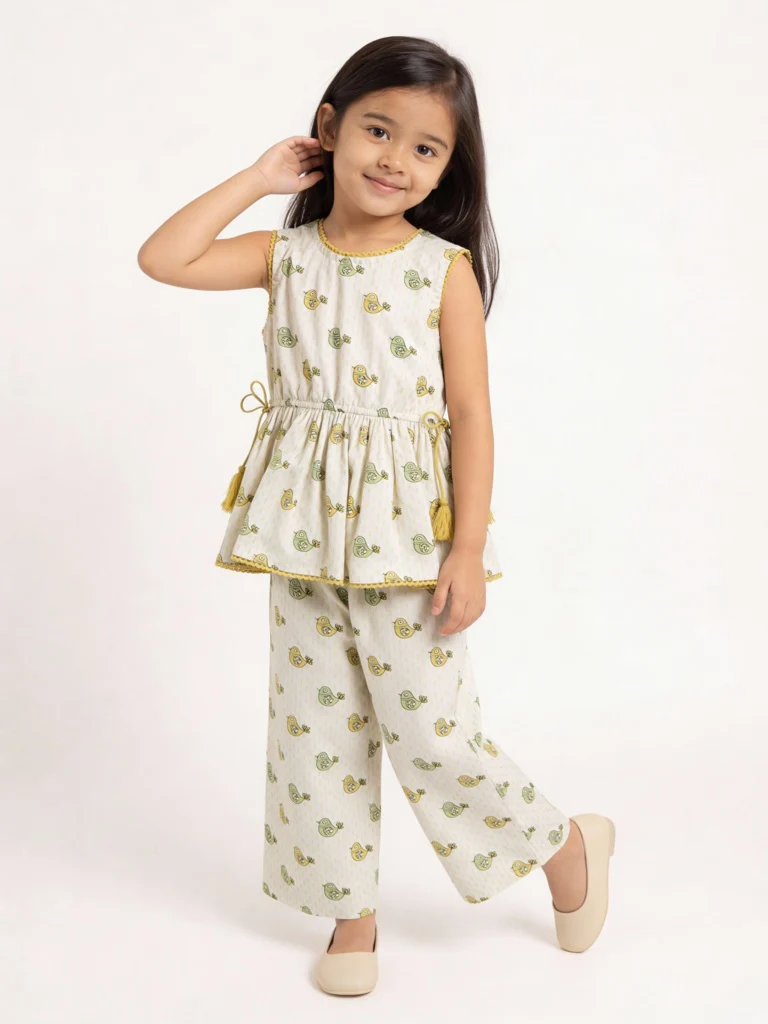 Utsa Kids Girls Off-White Bird Pattern Cotton Peplum Top - (2-8 yrs)