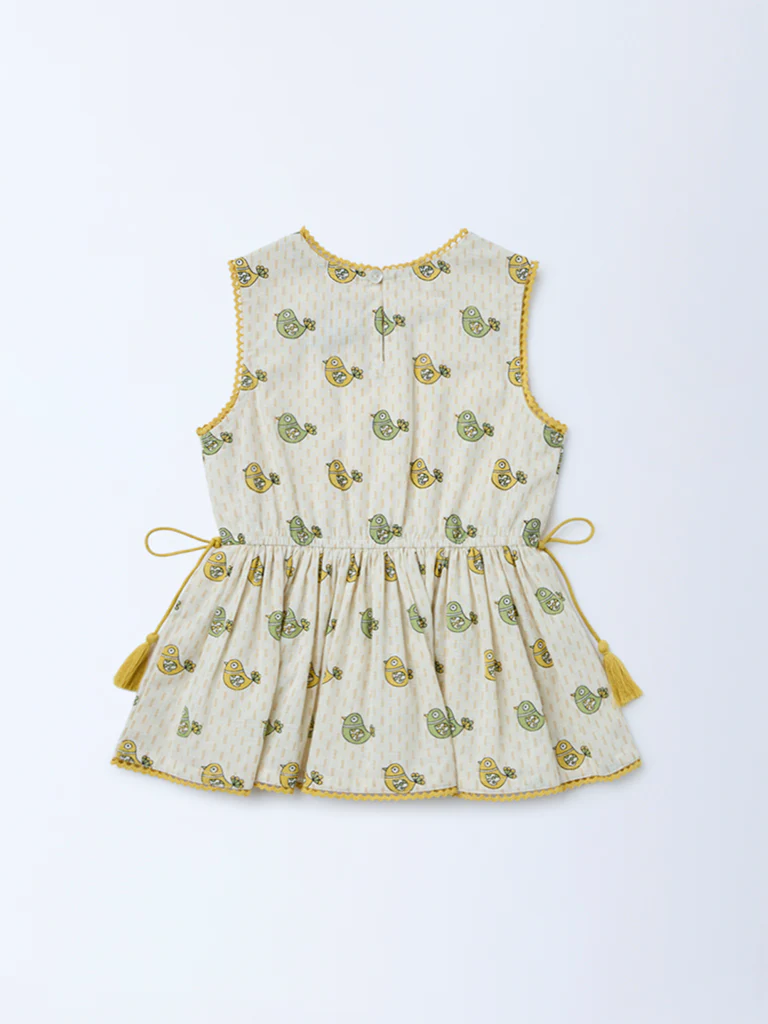 Utsa Kids Girls Off-White Bird Pattern Cotton Peplum Top - (2-8 yrs) - Image 4