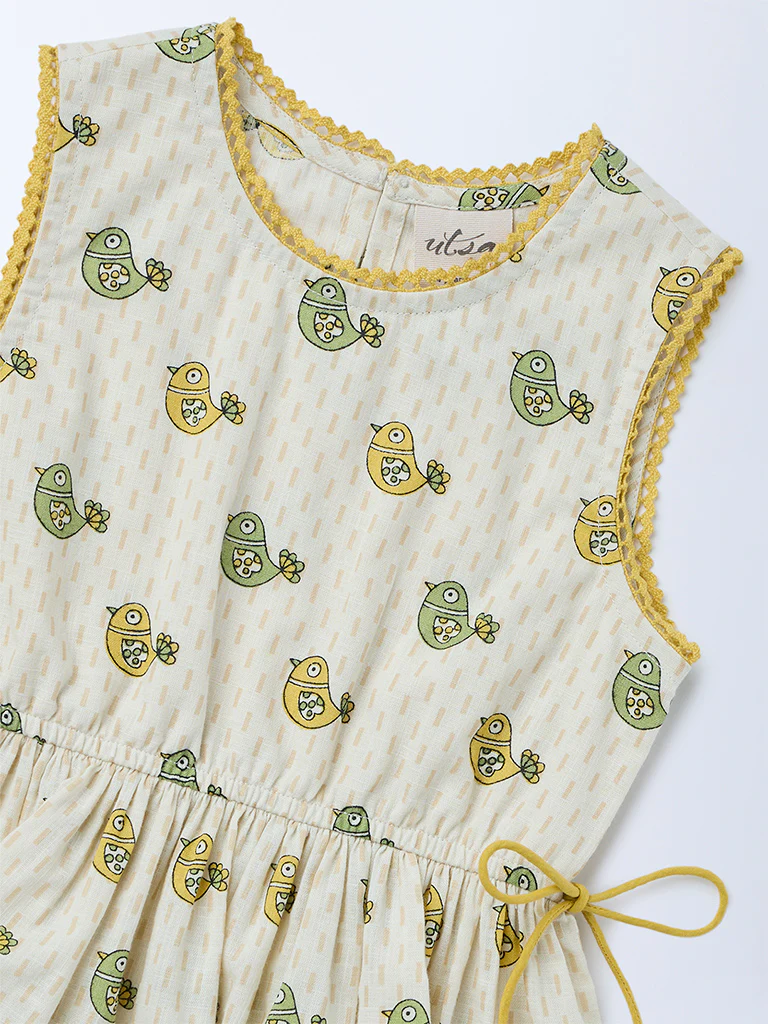 Utsa Kids Girls Off-White Bird Pattern Cotton Peplum Top - (2-8 yrs) - Image 5