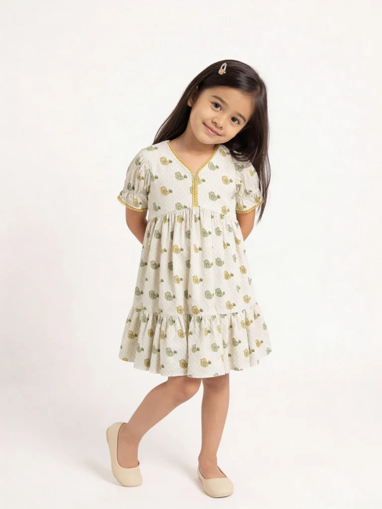 Utsa Kids Girls Off-White Bird Pattern Cotton Tiered Dress - (2-8 yrs)