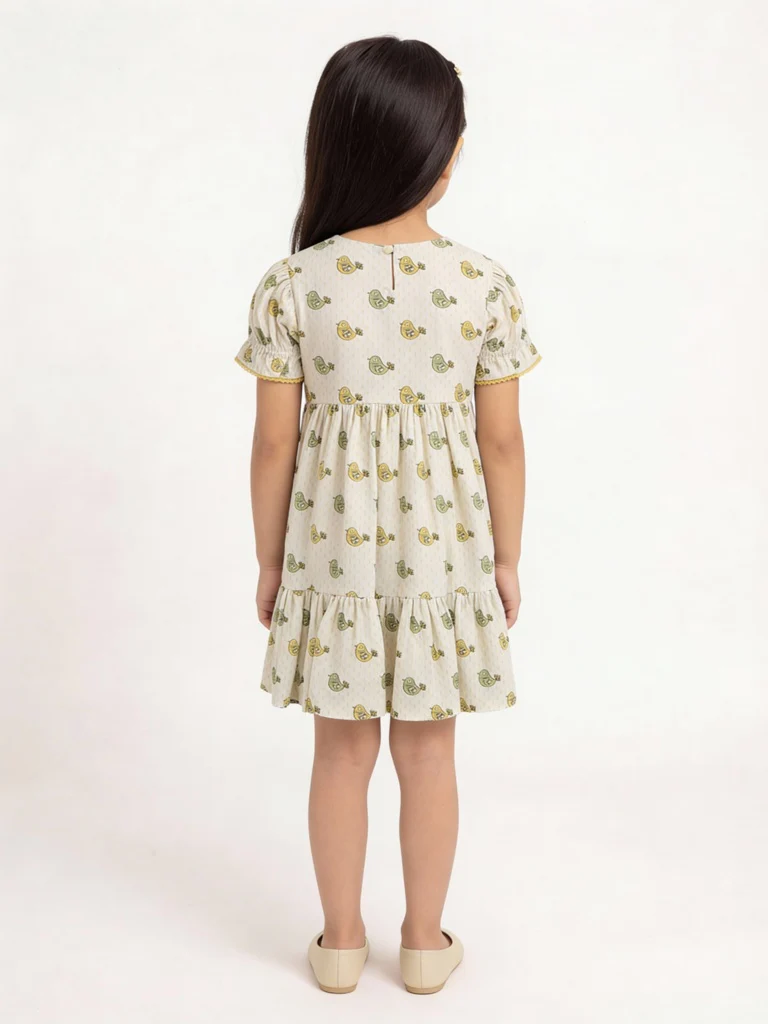 Utsa Kids Girls Off-White Bird Pattern Cotton Tiered Dress - (2-8 yrs) - Image 2