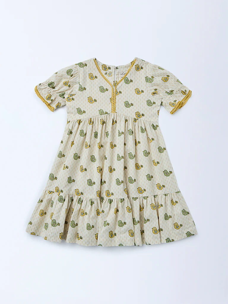 Utsa Kids Girls Off-White Bird Pattern Cotton Tiered Dress - (2-8 yrs) - Image 3