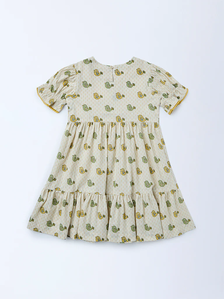 Utsa Kids Girls Off-White Bird Pattern Cotton Tiered Dress - (2-8 yrs) - Image 4