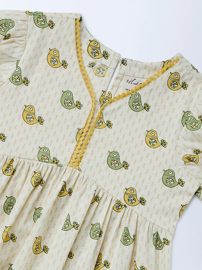 Utsa Kids Girls Off-White Bird Pattern Cotton Tiered Dress - (2-8 yrs) - Image 5
