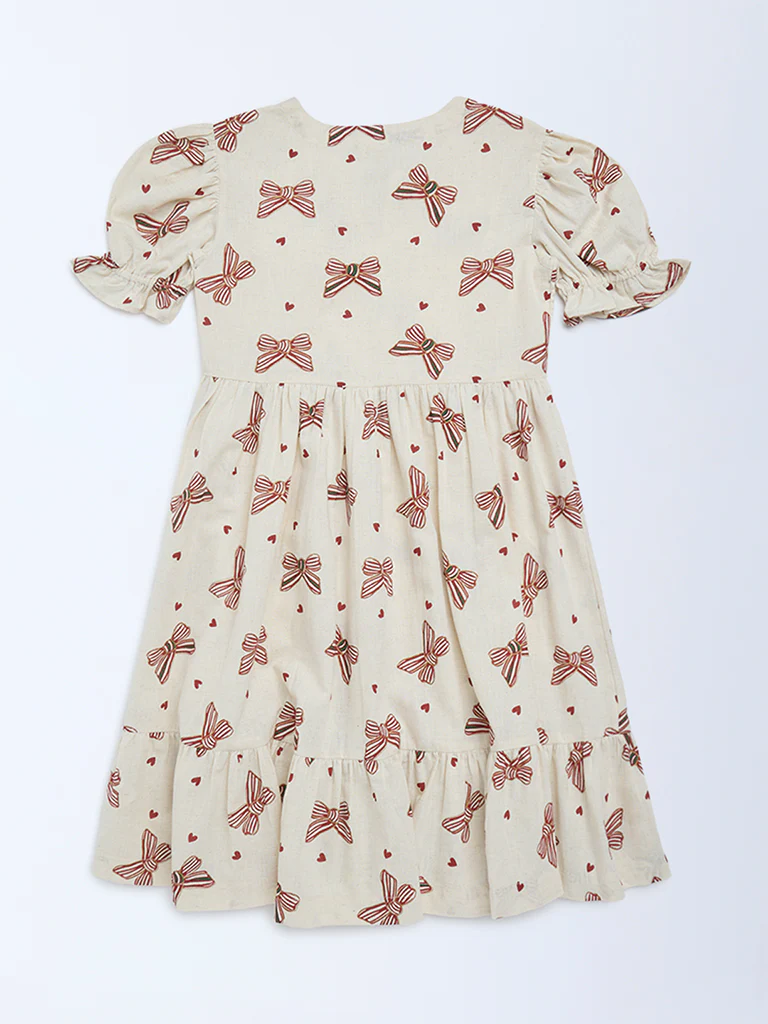 Utsa Kids Girls Off-White Bow-Printed A-Line Cotton-Blend Dress - (2-8 yrs) - Image 2