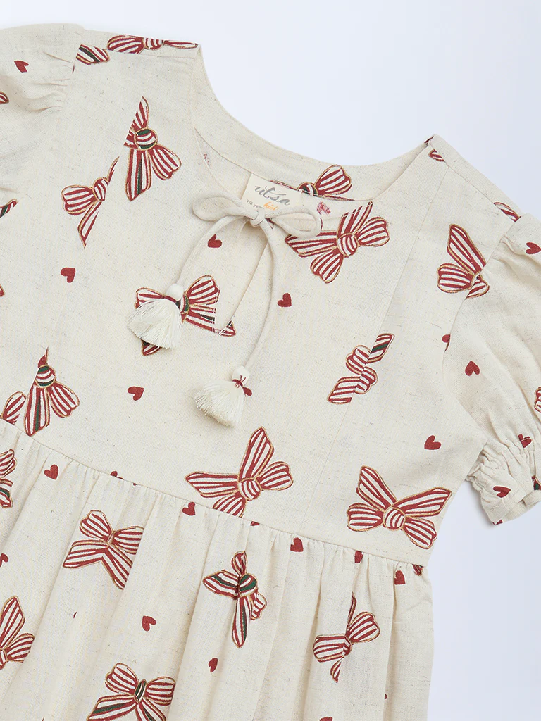 Utsa Kids Girls Off-White Bow-Printed A-Line Cotton-Blend Dress - (8-14 yrs) - Image 3