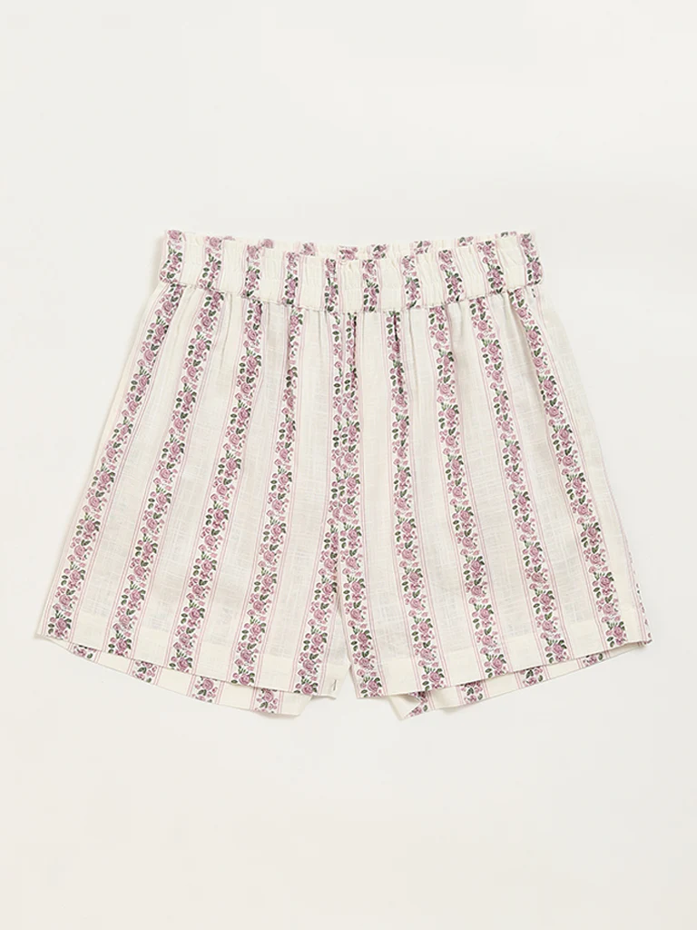 Utsa Kids Girls Off-White Ditsy Floral Cotton Shorts - (8-14 yrs)