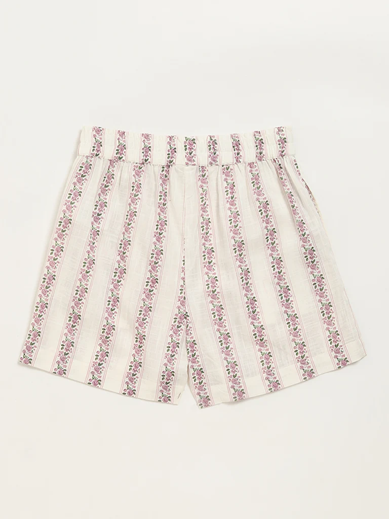 Utsa Kids Girls Off-White Ditsy Floral Cotton Shorts - (8-14 yrs) - Image 2