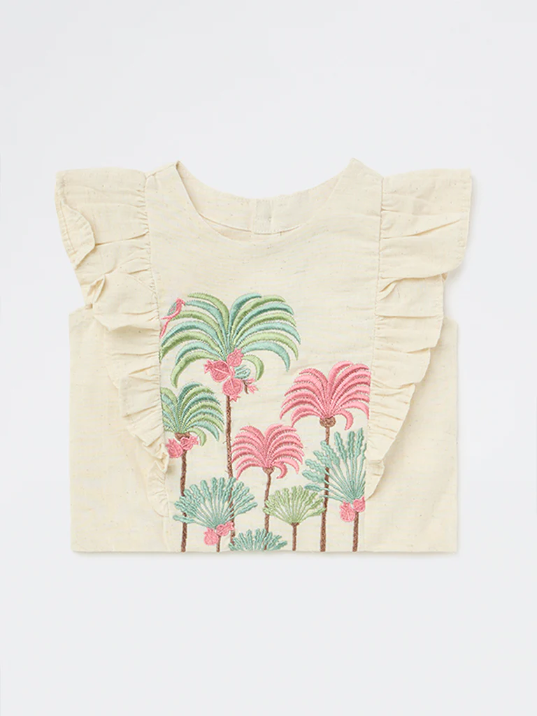 Utsa Kids Girls Off-White Embroidered Cotton-Blend Top - (2-8 yrs) - Image 3