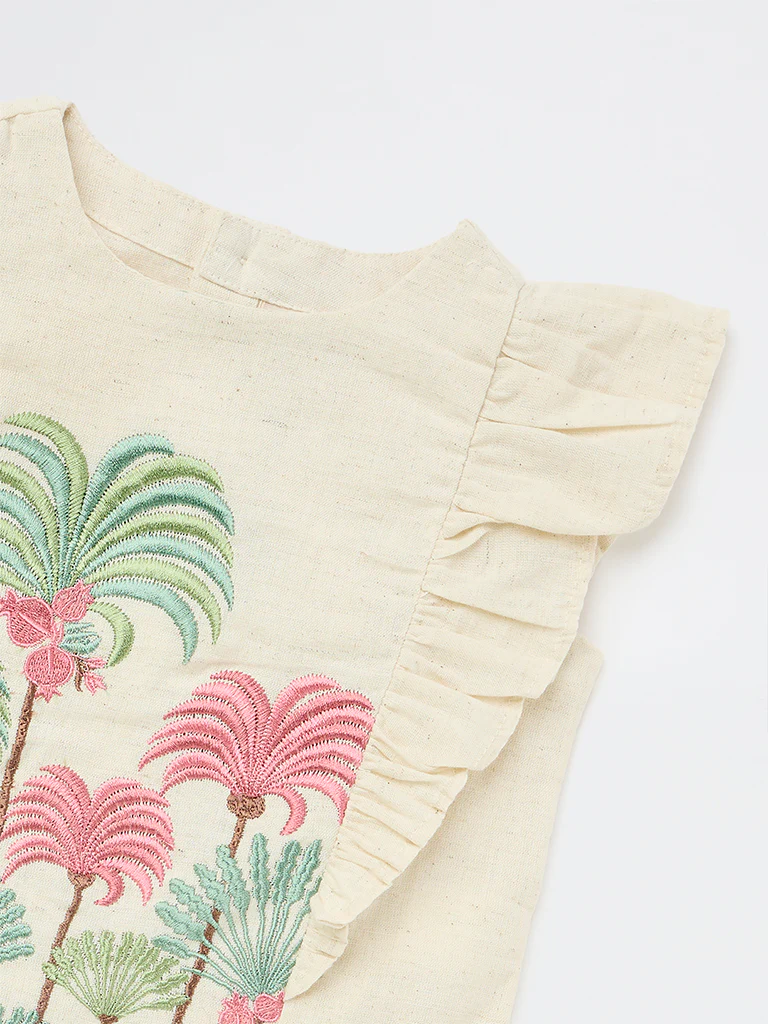 Utsa Kids Girls Off-White Embroidered Cotton-Blend Top - (2-8 yrs) - Image 5