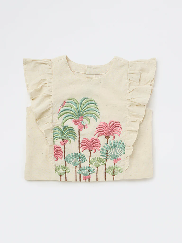 Utsa Kids Girls Off-White Embroidered Cotton-Blend Top - (8-14 yrs) - Image 3