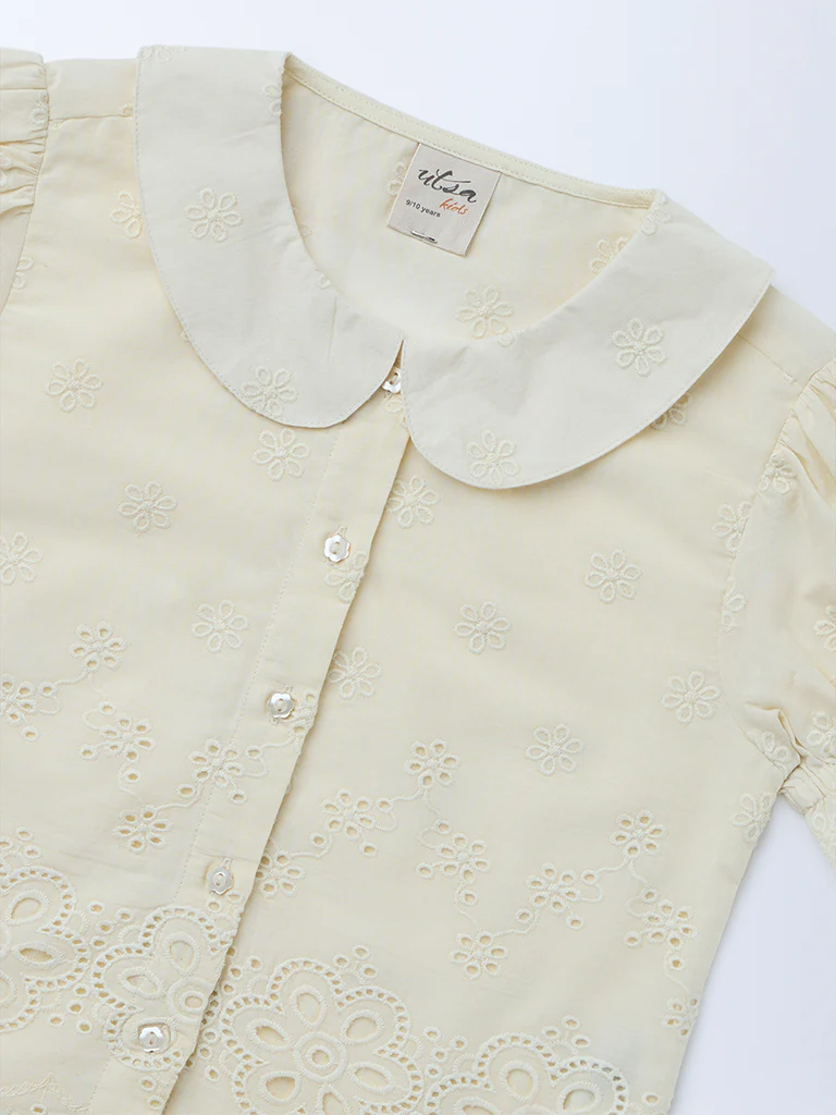 Utsa Kids Girls Off-White Embroidered Cotton Top - (8-14 yrs) - Image 3