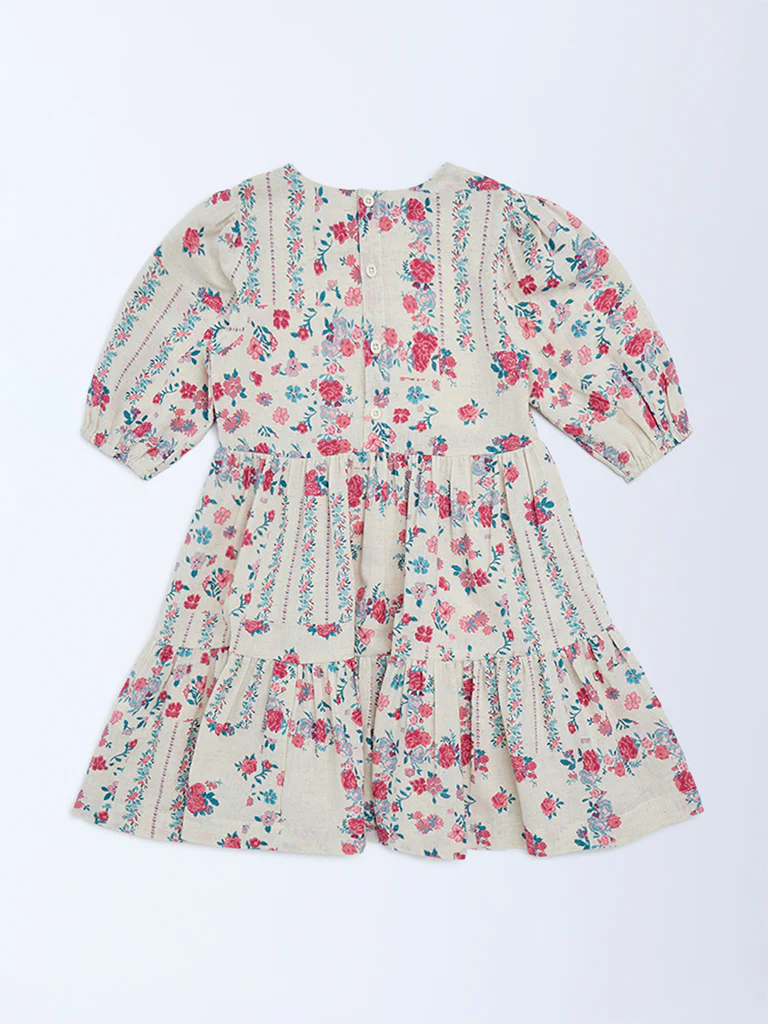 Utsa Kids Girls Off-White Floral Cotton-Blend Tiered Dress - (2-8 yrs) - Image 2