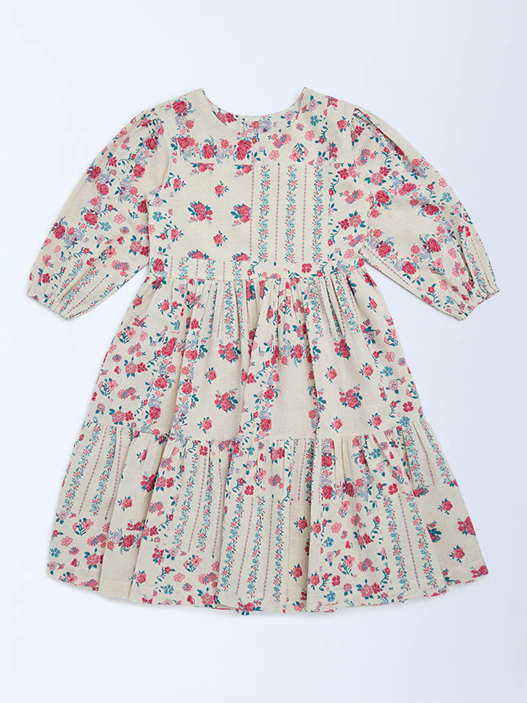 Utsa Kids Girls Off-White Floral Cotton-Blend Tiered Dress - (8-14 yrs)