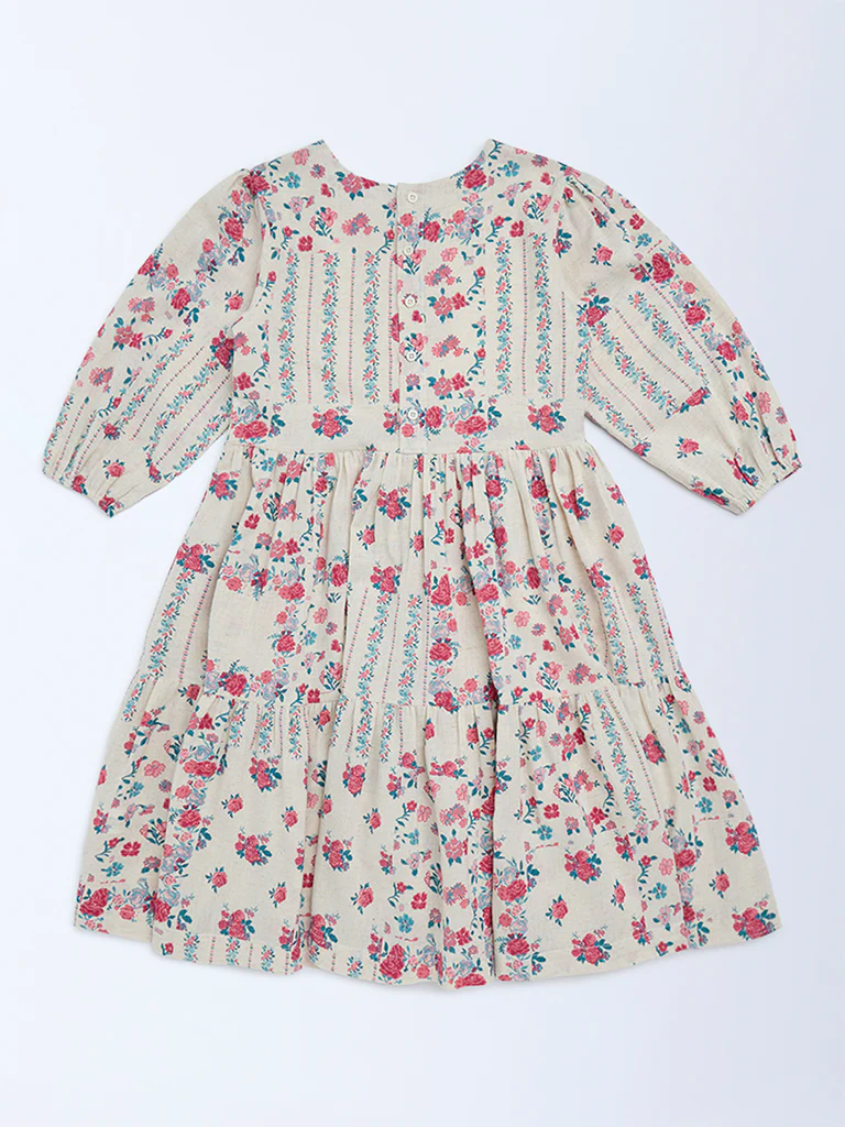 Utsa Kids Girls Off-White Floral Cotton-Blend Tiered Dress - (8-14 yrs) - Image 2