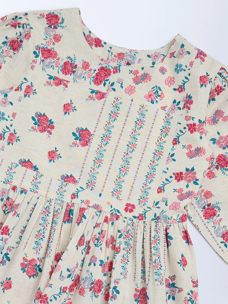 Utsa Kids Girls Off-White Floral Cotton-Blend Tiered Dress - (8-14 yrs) - Image 3
