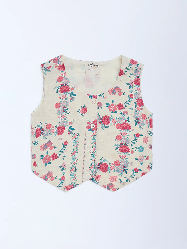 Utsa Kids Girls Off-White Floral Cotton-Blend Waistcoat - (2-8 yrs)