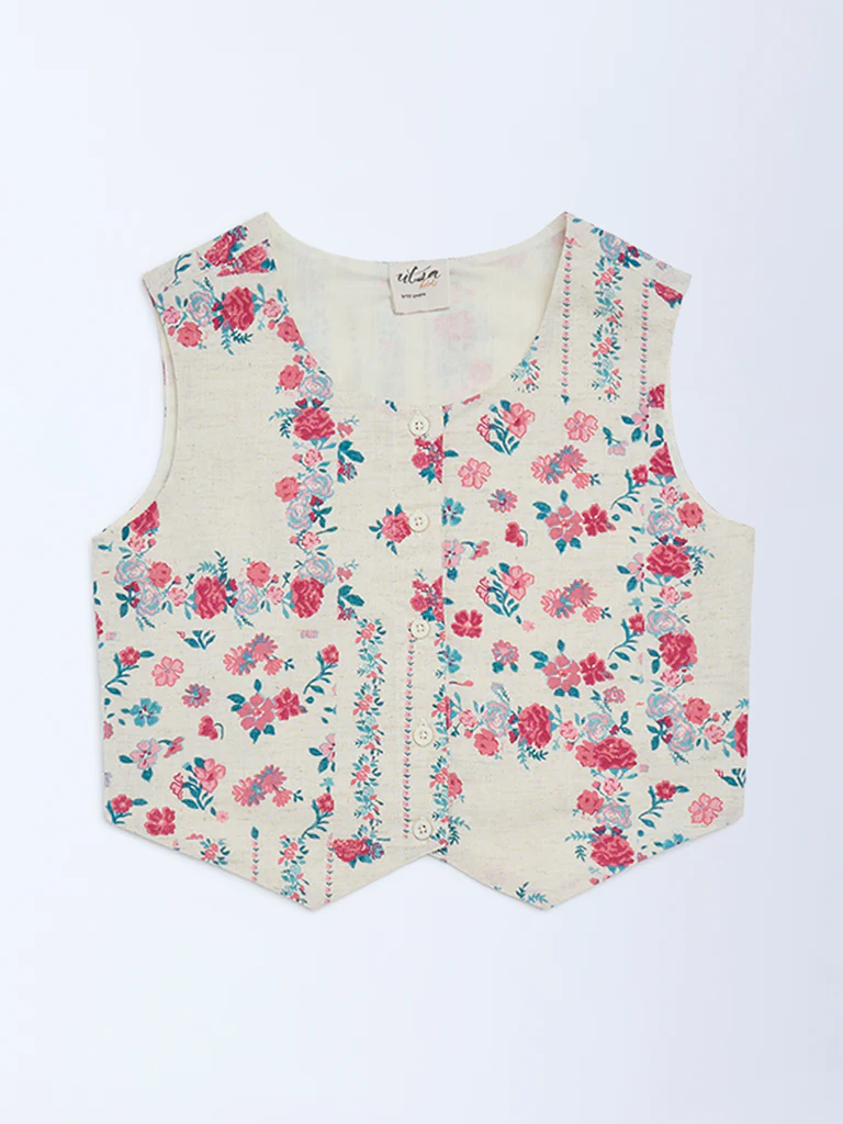 Utsa Kids Girls Off-White Floral Cotton-Blend Waistcoat - (8-14 yrs)
