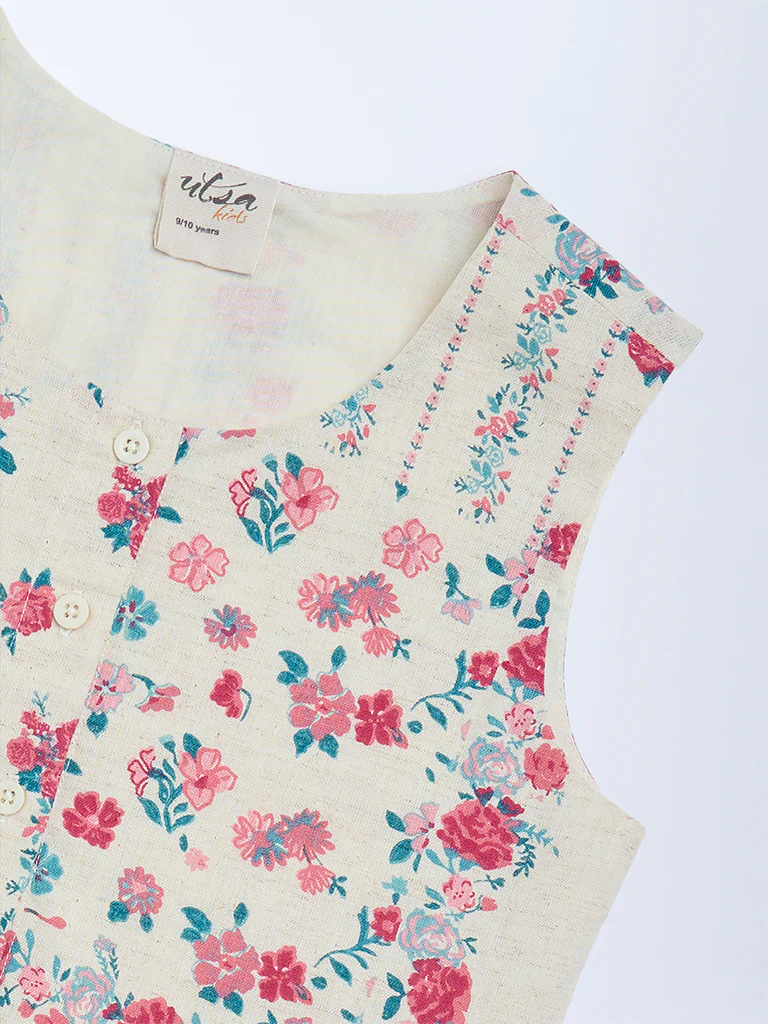 Utsa Kids Girls Off-White Floral Cotton-Blend Waistcoat - (8-14 yrs) - Image 3