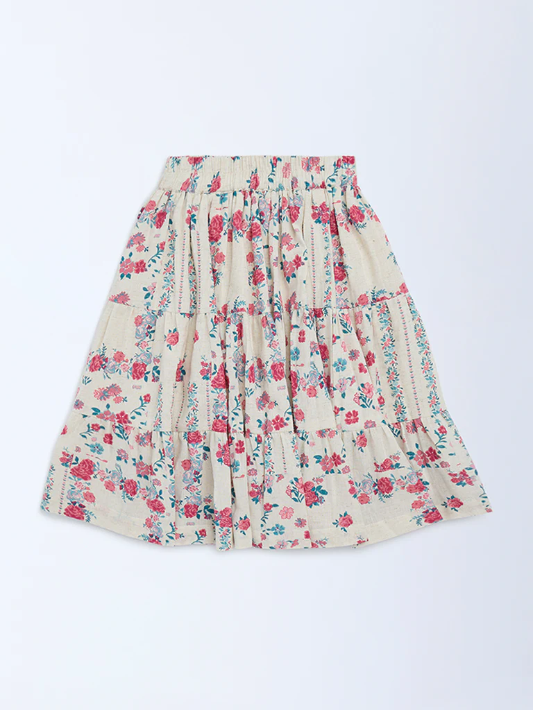 Utsa Kids Girls Off-White Floral Pattern Cotton-Blend Tiered Skirt - (2-8 yrs) - Image 2