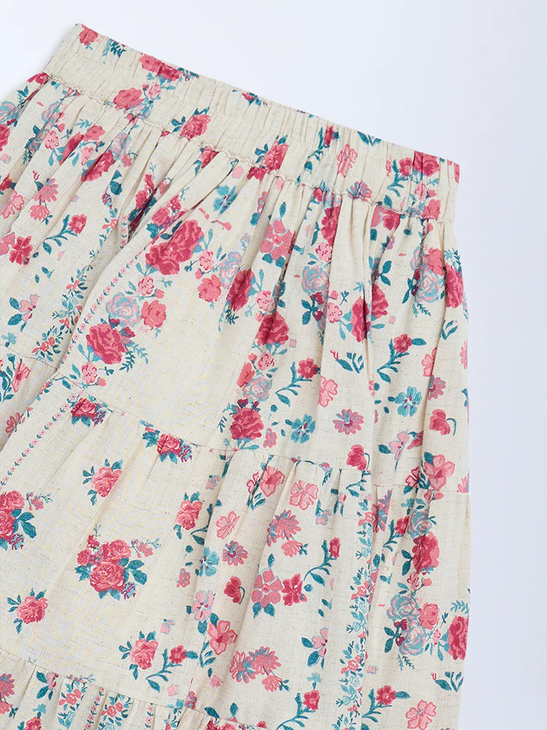 Utsa Kids Girls Off-White Floral Pattern Cotton-Blend Tiered Skirt - (2-8 yrs) - Image 3