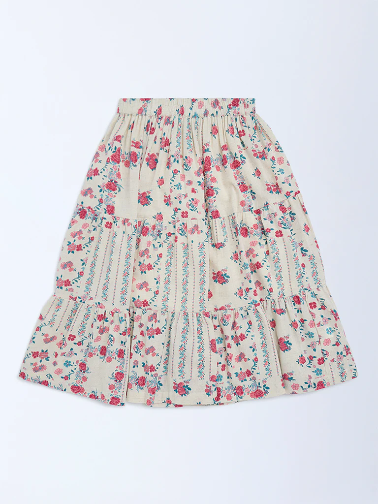 Utsa Kids Girls Off-White Floral Pattern Cotton-Blend Tiered Skirt - (8-14 yrs)