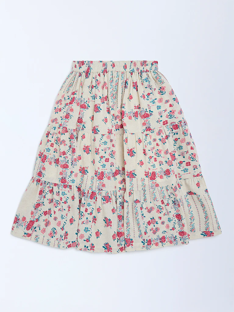 Utsa Kids Girls Off-White Floral Pattern Cotton-Blend Tiered Skirt - (8-14 yrs) - Image 2