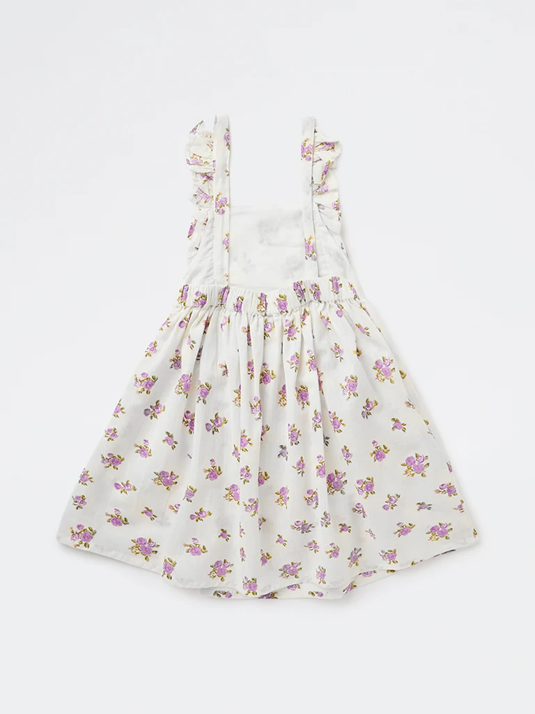 Utsa Kids Girls Off-White Floral Printed A-Line Cotton-Blend Dress - (2-8 yrs) - Image 2