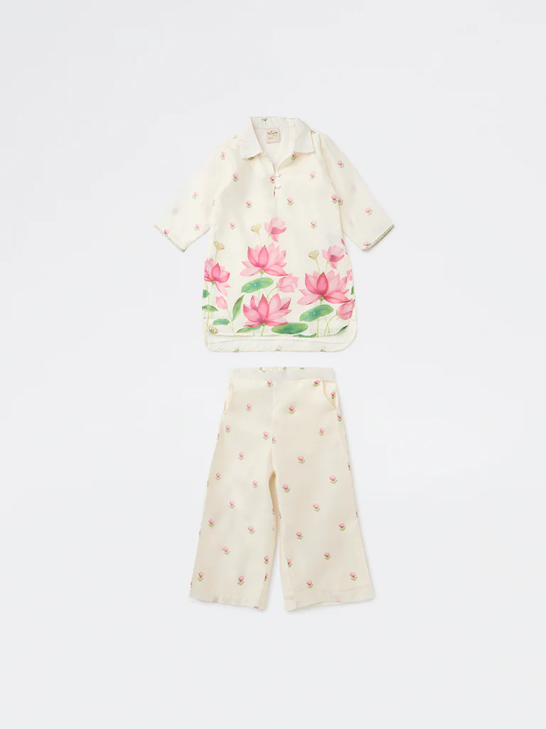 Utsa Kids Girls Off-White Floral Printed Blouse and Pants Set - (2-8 yrs) - Image 3