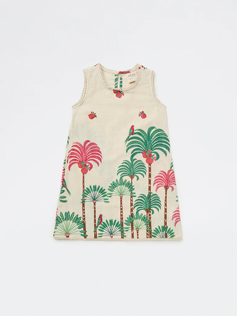 Utsa Kids Girls Off-White Nature-Inspired Cotton-Blend A-Line Dress - ( 2-8 yrs) - Image 3