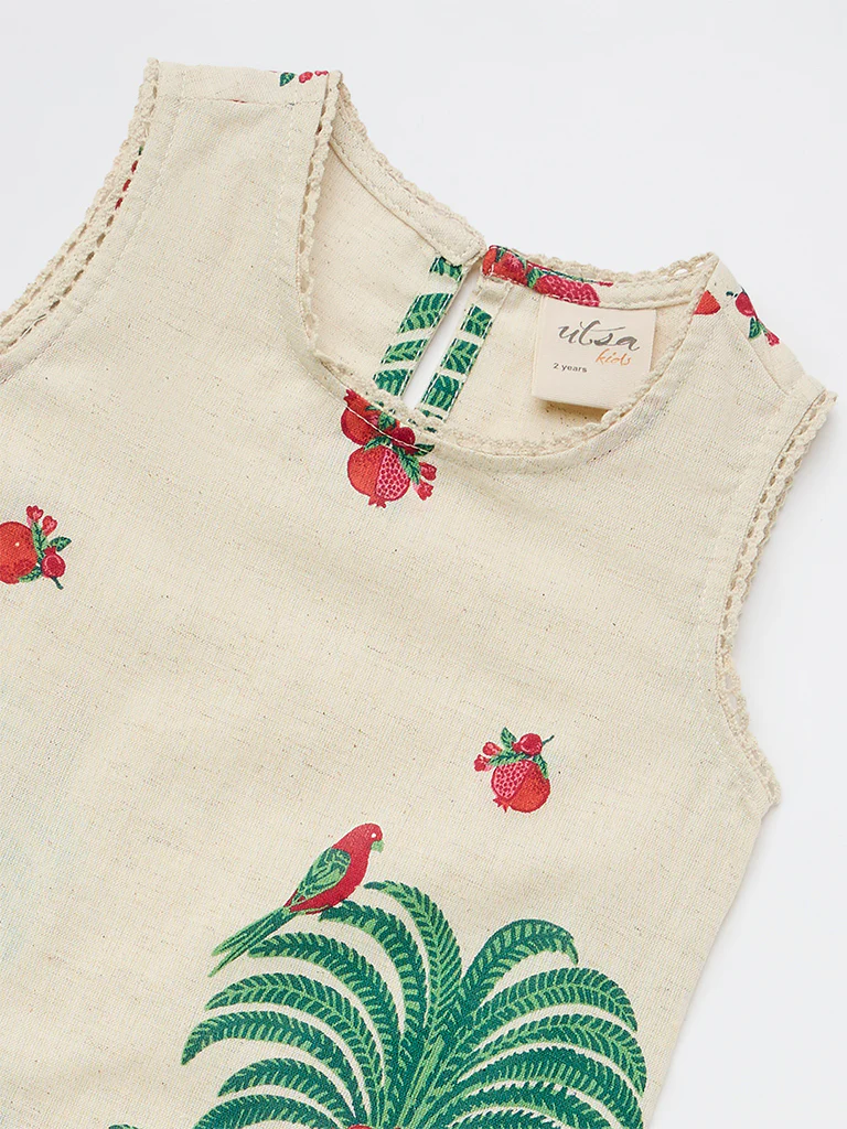 Utsa Kids Girls Off-White Nature-Inspired Cotton-Blend A-Line Dress - ( 2-8 yrs) - Image 5