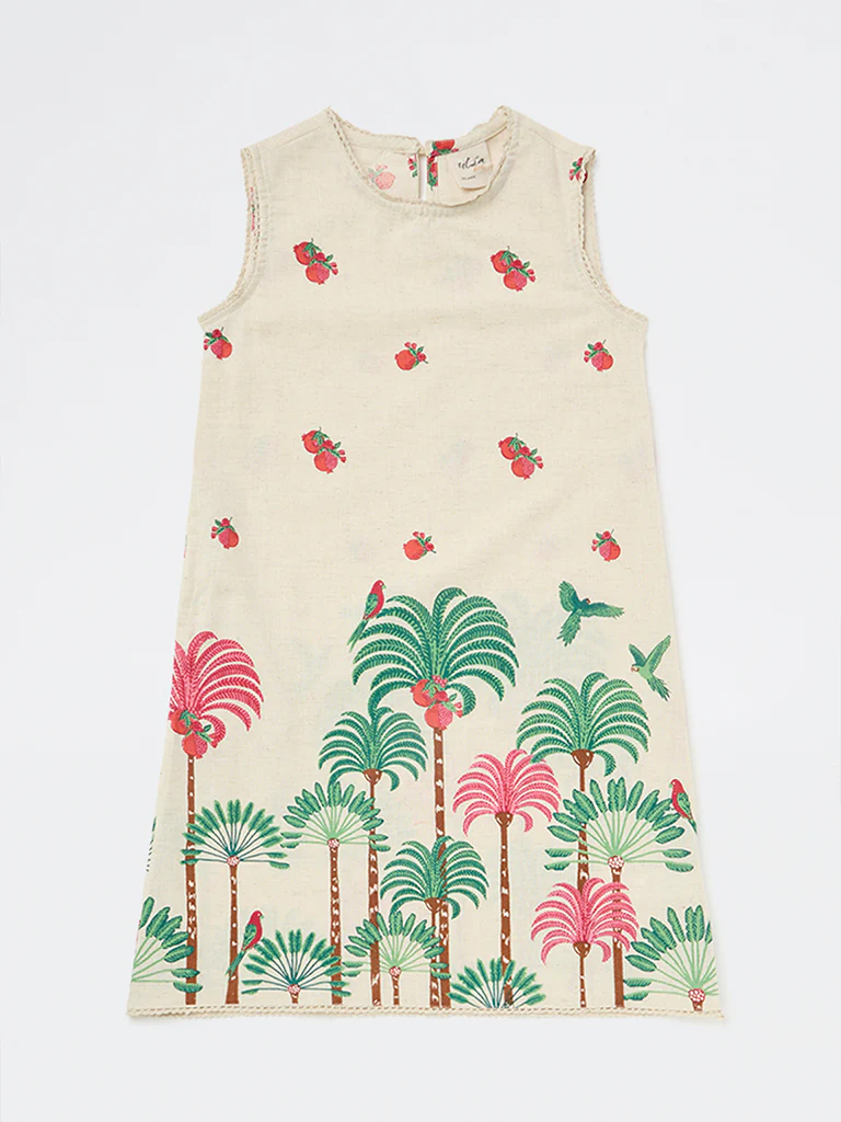 Utsa Kids Girls Off-White Nature-Inspired Cotton-Blend Shift Dress - (8-14 yrs) - Image 3
