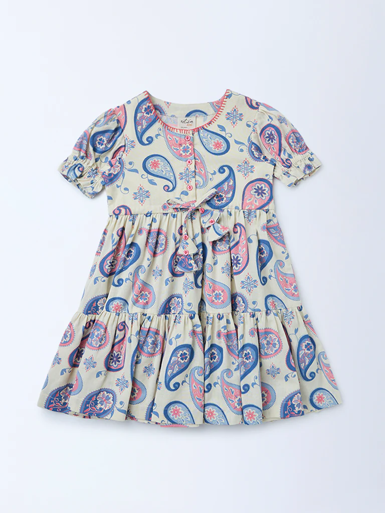Utsa Kids Girls Off-White Paisley Printed Cotton-Blend Flared Tiered Dress - (2-8 yrs) - Image 3