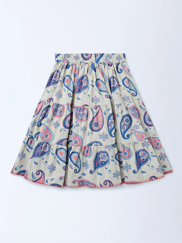 Utsa Kids Girls Off-White Paisley Printed Cotton-Blend Flared Tiered Skirt - (2-8 yrs) - Image 4