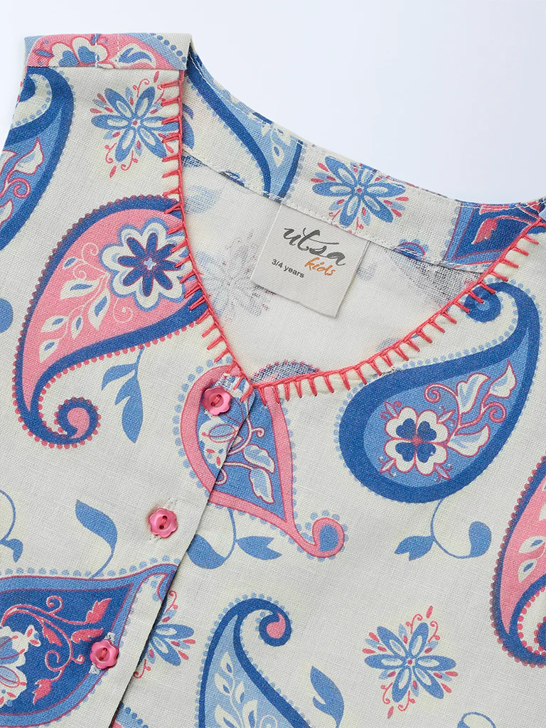 Utsa Kids Girls Off-White Paisley Printed Cotton-Blend Waistcoat - (2-8 yrs) - Image 5