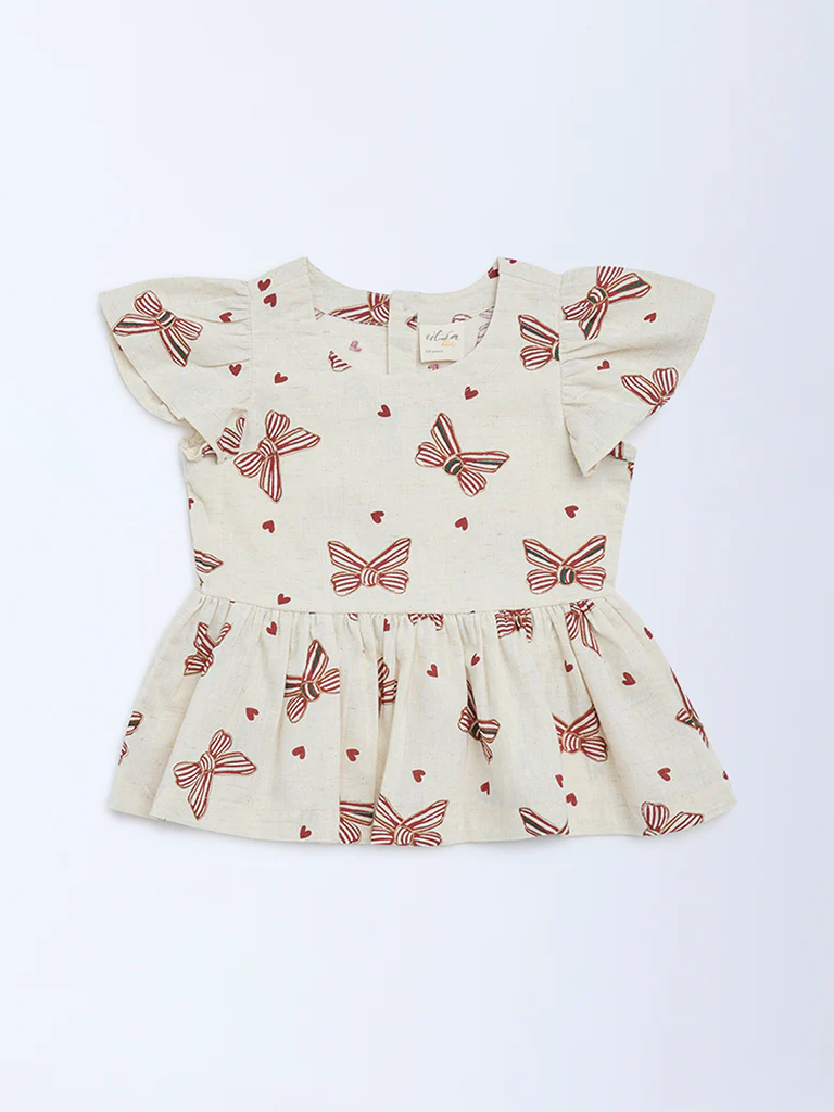Utsa Kids Girls Off-White Printed Cotton-Blend Top - (2-8 yrs)