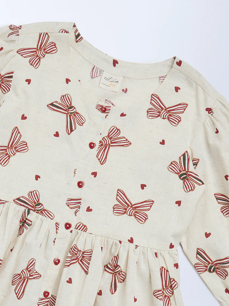 Utsa Kids Girls Off-White Printed Cotton-Blend Top - (8-14 yrs) - Image 3