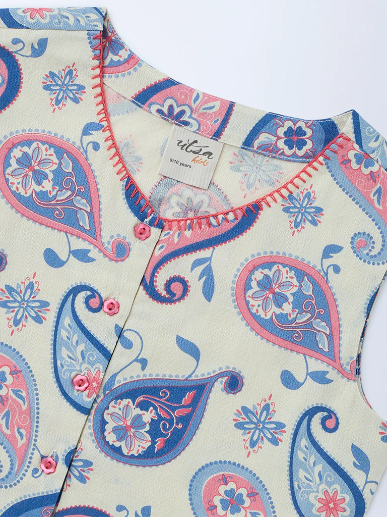 Utsa Kids Girls Off-White Printed Cotton-Blend Waistcoat - (8-14 yrs) - Image 3